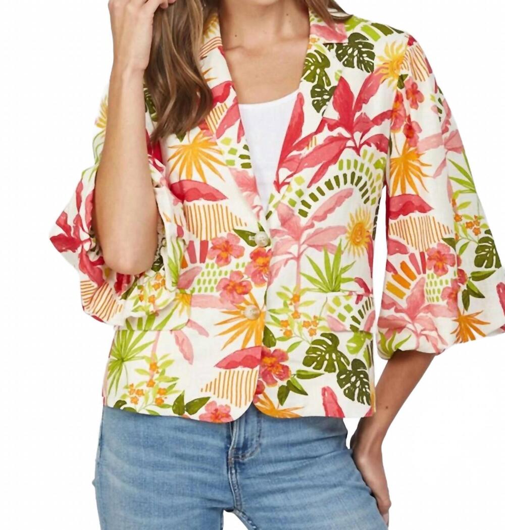 NEW FATE tropical print cropped linen blend blazer in cream